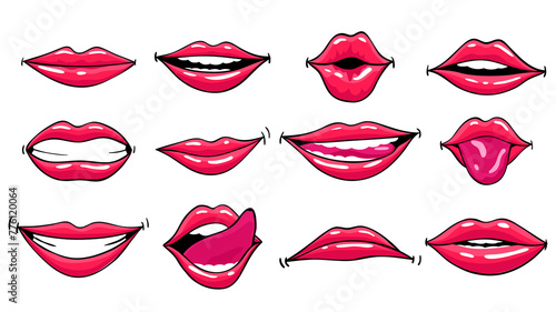 Red lips female collection. Woman expressed differernt emotion set. Biting, smile, kiss, beauty concept. Modern pop art style, flat design illustration photo