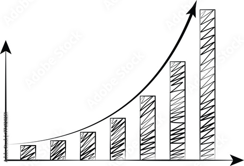Exponential growing curve above a bar chart shaded with hand drawing strokes in black and white. Illustration as design element for the topics of business, sale performance, profit and revenue
