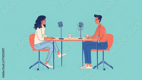 Podcast concept. The host interviews a guest in the studio.