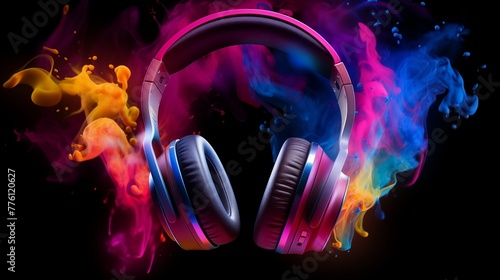 Headphone and colorful steam. Creative music and festival concept on black background