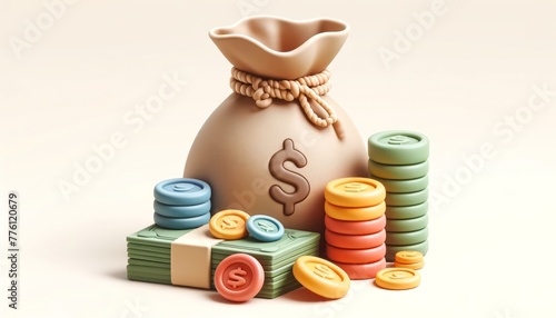 3D Money concept. money bag, coins stack and banknotes. 3d render illustration photo