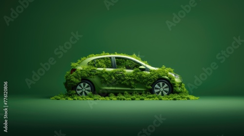 Ecofriendly transport concept. Leaves covered car. Ecology concept on green background