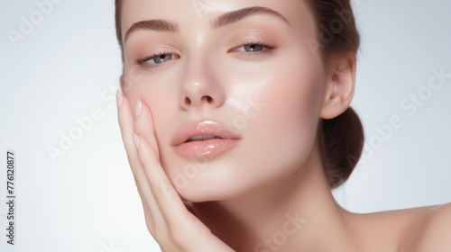 Beautiful Asian woman with Clean Fresh Skin touch own face. Skincare beauty concept