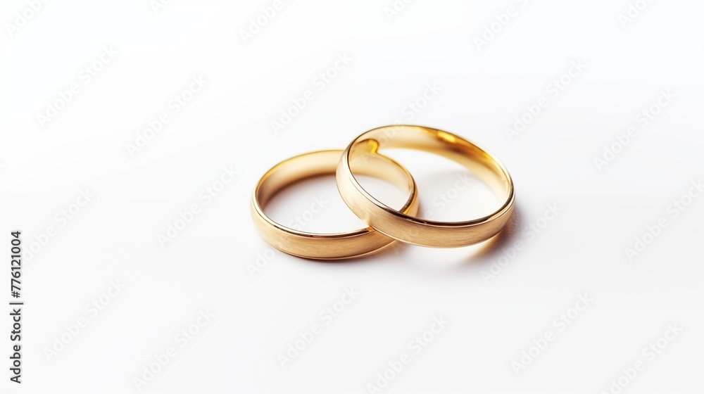 Golden wedding rings and flowers. Two upright gold wed bands isolated on white background. Golden wedding rings and flowers. Two upright gold wed bands isolated on white background.