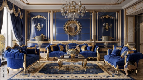 Interior Design Living Room Background in Lapis Lazuli Golden Blue - Luxury Living Room Design - Amazing Living Room Background in the Gold Blue Lapis Style created with Generative AI Technology