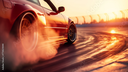 speed motion of drift car with burn smoke tyre during drift in track race circuit drive with professional driver of racing sport motorsport competition at sunset time