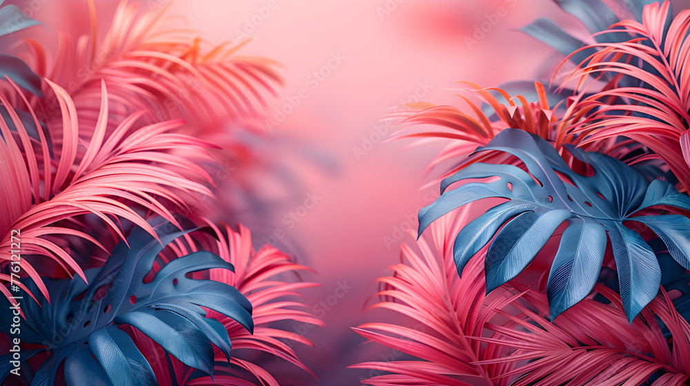 Summer tropical background in pink shades, palm trees sky and sun. sunset composition with copy space.