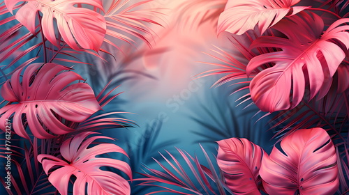 Summer tropical background in pink shades  palm trees sky and sun. sunset composition with copy space.
