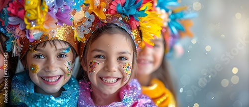 Purim celebration at a Mardi Gras masquerade party with children in colorful costumes. Concept Purim Celebration, Mardi Gras Masquerade, Colorful Costumes, Children's Party, Festive Atmosphere