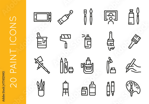 Art and painting icon set: drawing, house painting, artwork, tablet, paint tubes, palette for web, mobile, promo. Covers hobby, creativity. Single outline, vector illustration. photo
