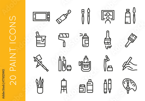 Art and painting icon set: drawing, house painting, artwork, tablet, paint tubes, palette for web, mobile, promo. Covers hobby, creativity. Single outline, vector illustration.