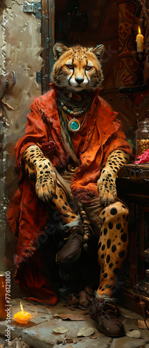 Leopard in a market vendor outfit Mysterious, charming