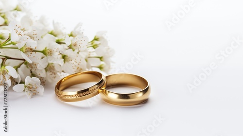 Golden wedding rings and flowers. Two upright gold wed bands isolated on white background.