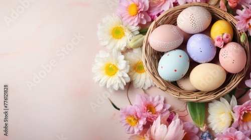 Basket of Easter eggs. Spring floral Easter background. Blank space for text.