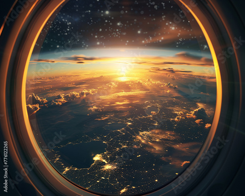 Aerial View of Sunset Through Airplane Window