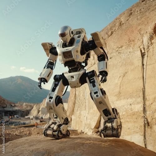 A humanoid robot stands atop a rocky ledge, exemplifying autonomous robotics and their potential in navigating challenging environments.