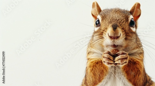  A mischievous squirrel clutching an acorn tightly between its tiny paws against a solid white background
 photo