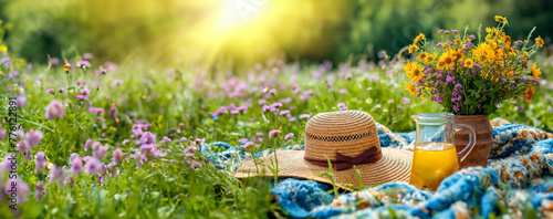 A straw hat on a blanket next to a pitcher of lemonade. Summer picnic  in a field of flowers #776122891