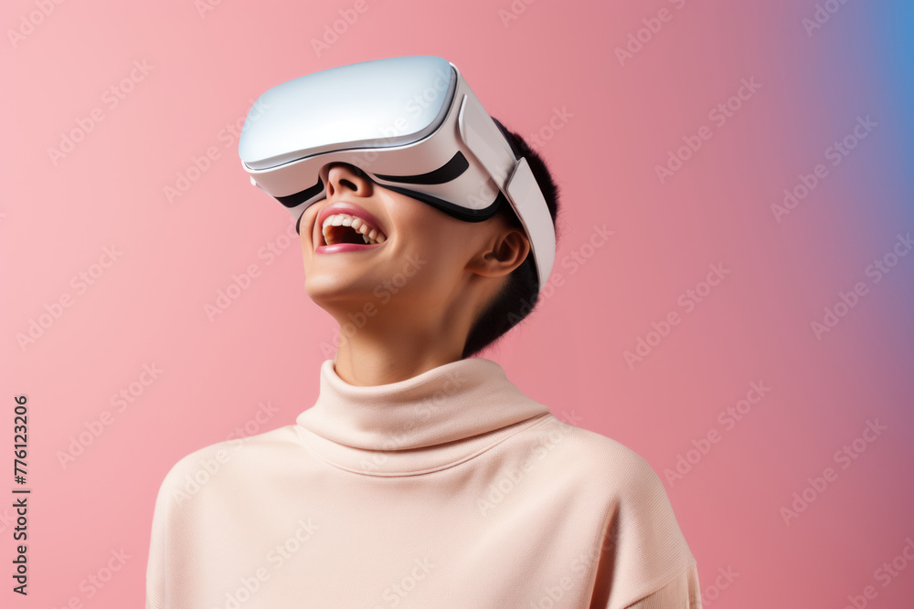 Portrait of happy young woman using VR glasses of metaverse virtual reality on pink background. Portrait of happy young woman using VR glasses of metaverse virtual reality on pink background.