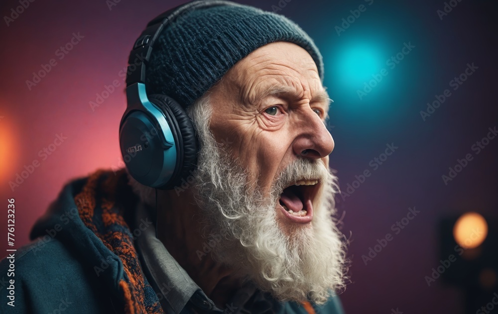 an elderly man with a beard is wearing headphones and singing into a microphone an elderly man with a beard is wearing headphones and singing into a microphone