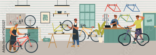 Bicycle repair shop providing professional service vector illustration