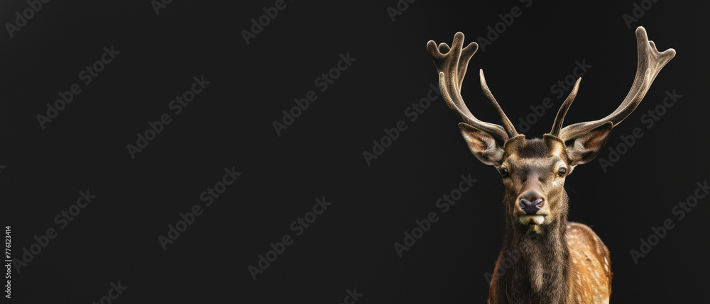 With its impressive antlers, this deer radiates a powerful presence against the dark, simplistic backdrop