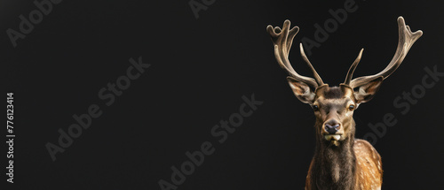 With its impressive antlers, this deer radiates a powerful presence against the dark, simplistic backdrop