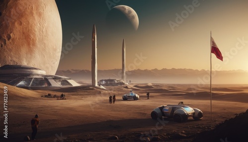 A conceptual Mars base camp with exploration vehicles and a habitat dome under a two-moon sky, evoking space colonization.