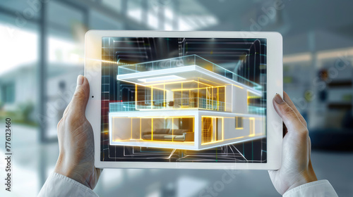Design engineer holds a digital tablet on which a project for the construction of a modern house is displayed.