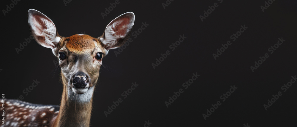 An innocent and young fawn captured in a striking pose with ears alert and eyes full of curiosity against a dark background An innocent and young fawn captured in a striking pose with ears alert and eyes full of curiosity against a dark background