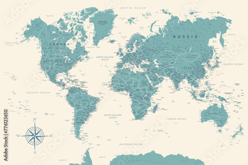 World Map - Highly Detailed Vector Map of the World. Ideally for the Print Posters. Faded Blue Green White Colors