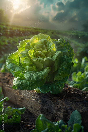 A lettuce plant thrives on wood in a field, blending with the natural landscape
