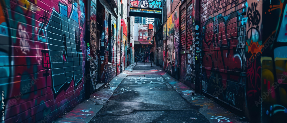 Fototapeta premium A dark, atmospheric alleyway with colorful, mysterious graffiti covering the walls