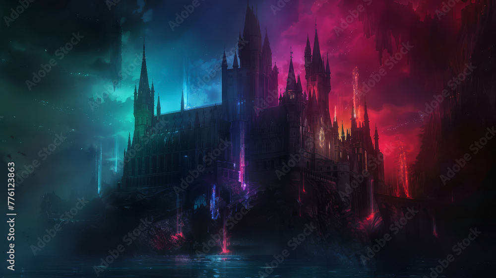 A dark, foreboding castle illuminated by colorful, ethereal lights