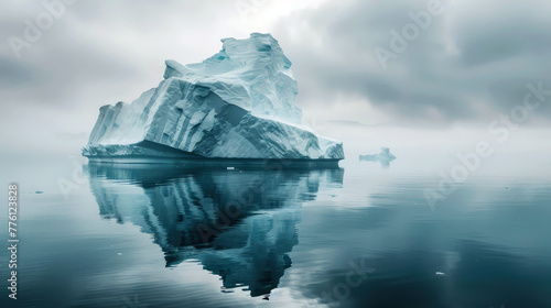 Large iceberg reflected in the sea on a cloudy day