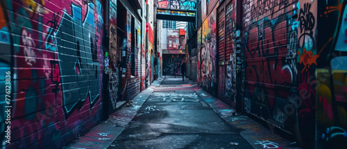 A dark, atmospheric alleyway with colorful, mysterious graffiti covering the walls © Anuwat