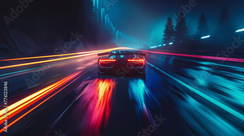 A dark, atmospheric road with colorful, futuristic car headlights zooming past