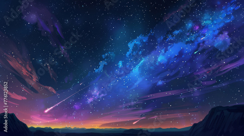 A dark, clear sky with a vibrant, colorful meteor shower streaking across