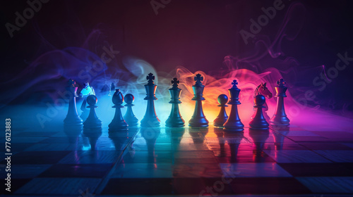 A dark, minimalist chessboard with pieces illuminated by colorful, strategic lighting