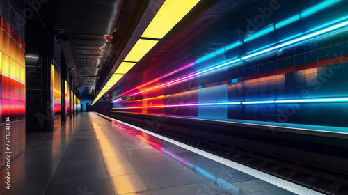 A dark, sleek subway station at night, illuminated by colorful, dynamic LED lights © FoxGrafy