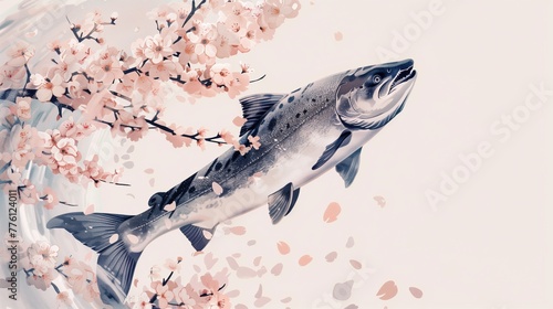  A sleek salmon swimming upstream past a cluster of floating cherry blossoms against a solid white background
 photo