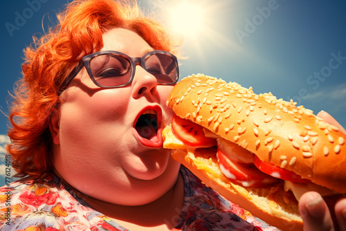 Fat red-haired woman eating hot dog close-up, portrait, outdoors, problem of obesity, fast food consumption