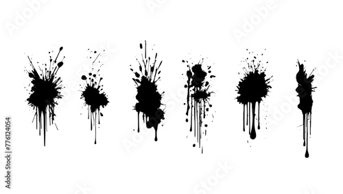 vector flat style illustration of  abstract stains, spray, paint, ink drop, blots, splashes icons on white background. ink, spray, stain, spot, drip, stained, grunge artistic illustration. 
