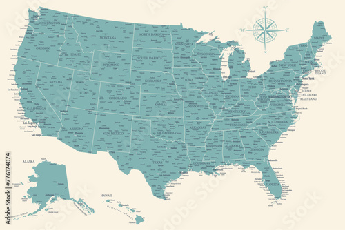 United States - Highly Detailed Vector Map of the USA. Ideally for the Print Posters. Faded Blue Green White Colors