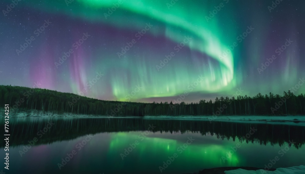 A mesmerizing display of the Northern Lights (Aurora Borealis) reflected over a serene forest lake during a clear night
