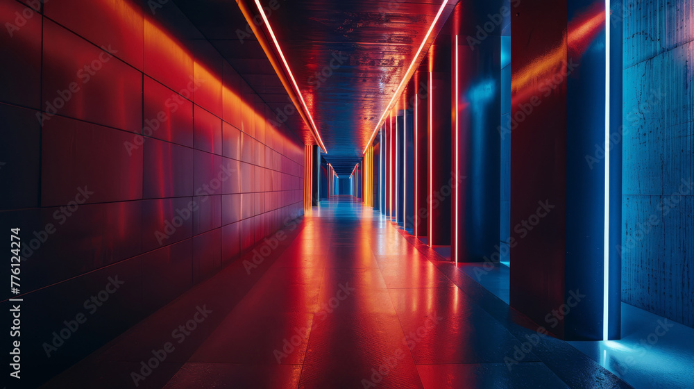 A sleek, dark hallway with vibrant, illuminated lines leading the way