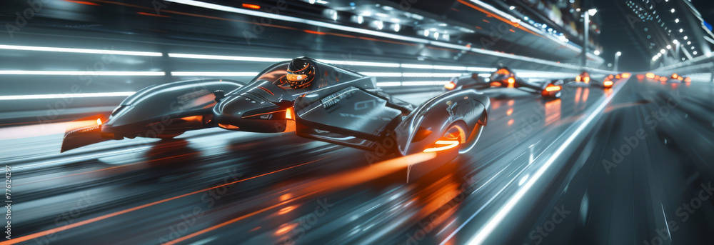 A sleek, dark racetrack with brightly lit, futuristic racing drones zipping by