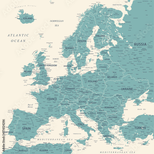 Europe - Highly Detailed Vector Map of the Europe. Ideally for the Print Posters. Faded Blue Green White Colors
