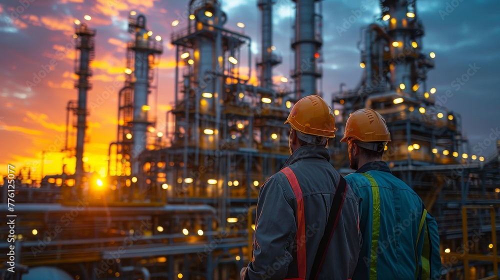 two oil industry engineers standing in front of large oil refinery at sunset. two oil industry engineers standing in front of large oil refinery at sunset.