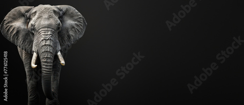 A serene yet intense image of an elephant staring forward, creating a striking contrast with the black background